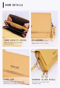 Detailed views of yellow PU leather crossbody phone bag showing interior and hardware.