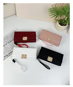 Collection of stylish trifold long wallets for women in four elegant colors with hand straps
