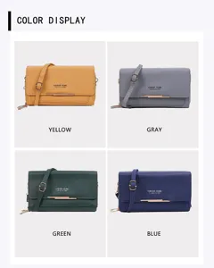 Detailed color display of women's crossbody phone bag in yellow, gray, green, and blue