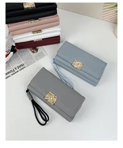 Details of stylish women's long wallets in multiple colors with gold buckle