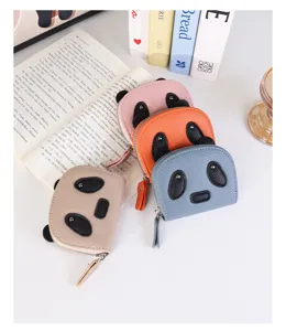 Set of four adorable panda-shaped mini accordion zip coin purses in vibrant colors.