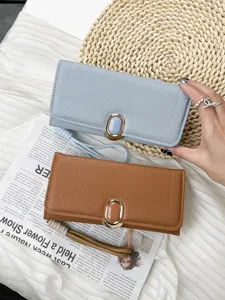 Women's Long Wallet Large Capacity Clutch Bag Korean Minimalist Multi-functional Lychee Pattern PU Leather Wallet With Wrist Strap