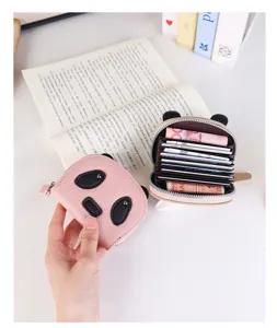 Close-up detail of cute panda card holder showing multi-slot accordion interior.