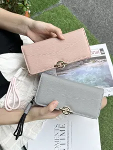 Portefeuille Long pour Femme en Cuir PU Tri-plié Grande Capacité Porte-cartes Mode Motif Litchi Pochette Porte-monnaie Avec Dragonne