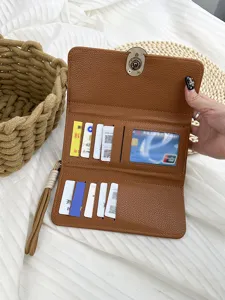 Large capacity brown pebbled leather women's long wallet with card slots and wristlet