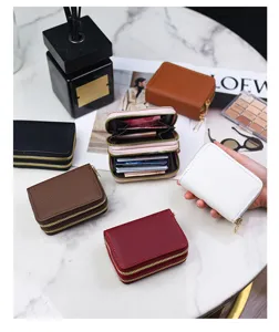 Colorful lychee leather double zipper card holders with multi-slot accordion interior