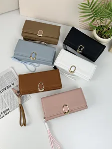 Elegant women's long wallets in six colors with textured leather and gold-tone clasp design.