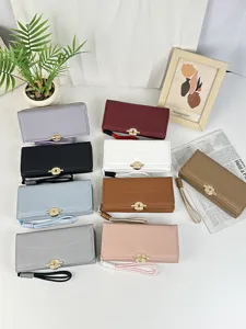 Portefeuilles longs pour femmes en cuir PU multicolore avec dragonne et fermoir doré