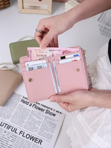 Minimalist pink lychee pattern short wallet with multiple card slots and pearl chain