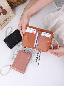 Short women's wallet with pearl wristlet and crocodile pattern, PU leather card holder coin purse