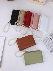 Litchi grain faux leather small wallets in multiple colors with elegant pearl wristlets