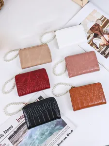 Elegant crocodile pattern women's wallets with pearl wristlet straps in six colors