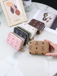 Süßer Bär Druck Kartenetui PU Leder Akkordeon Mini Geldbörse Für Damen Mädchen Reißverschluss Kurze Münztasche Multi Kartenslots Hülle