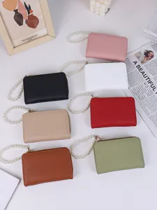 Minimalist solid color wallets with pearl chain and lychee pattern in various colors