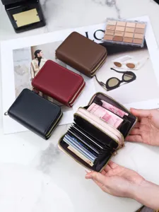 Women's double zipper accordion card holder with lychee pattern and multi-card slots