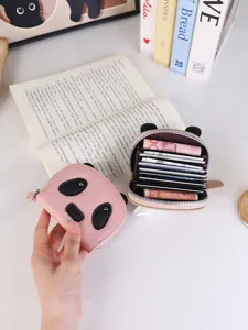 Cute panda-themed accordion card holder with zipper and multiple slots for coins and cards.