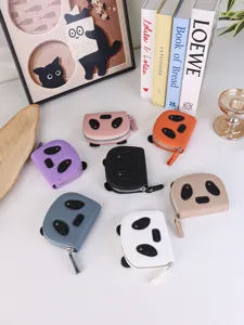 A collection of cute cartoon panda mini coin purses and card holders in vibrant colors
