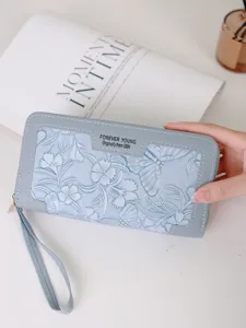 Portafoglio Lungo da Donna Goffrato Retrò Pochette con Doppia Cerniera in Pelle PU Motivo a Fiori e Farfalle Portafoglio con Cinturino Tasca per Cellulare Grande