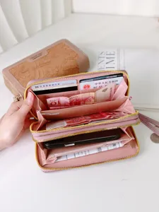 Portafoglio lungo vintage con doppia cerniera, scomparti per carte e spazio per cellulare.