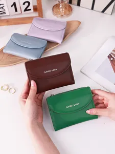 Minimalist PU Leather Bifold Short Wallet For Women Cute Solid Color Card Holder Multi Function Zipper Pocket Coin Purse Students Girls Organizable Clutch