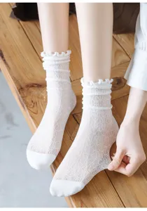 Detail view of ultra-thin white mesh ruffle socks for women, breathable summer hosiery style.