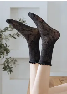 Women summer ultra-thin sheer mesh socks with ruffled edge breathable black fashion hosiery