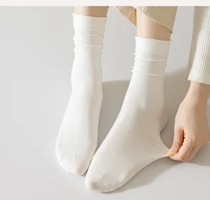 Women white slouch socks pure cotton soft mid tube casual socks breathable comfortable daily wear