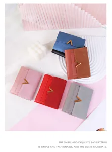 Collection of slim tri-fold women's wallets in various matte PU leather colors and styles.
