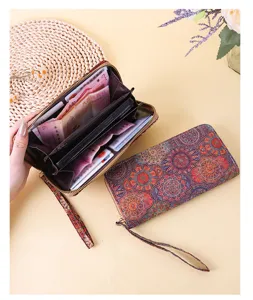 Bohemian floral long wallet detail showing interior compartments and printed mandala pattern