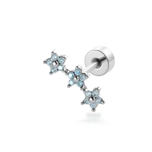 Zomerse titanium kraakbeenpiercing met drie lichtblauwe kristallen bloemen voor oor