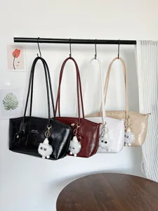 Fashion Women Crocodile Pattern Tote Bag PU Leather Alligator Texture Shoulder Bag With Plush Monster Charm Commuting Bag