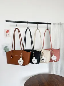 Large Capacity Tote Bag For Women Minimalist PU Leather Shoulder Bag Commute Underarm Bag With Plush Pendant
