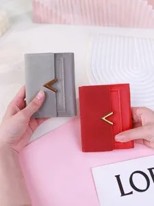 Short tri-fold women's wallet in matte PU leather with gold V-clasp decoration