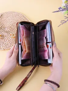 Bohemian floral print long wallet with multiple card slots and phone compartment
