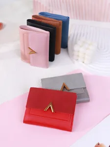 Elegant Korean style tri-fold women's wallet in matte PU leather with gold V-buckle