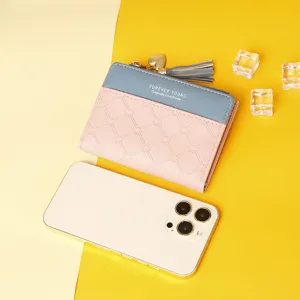Detailed view of color-blocked short wallet with sun pattern and tassel