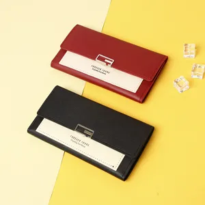 Elegant wine red and black Korean style long women's wallet with beige contrast