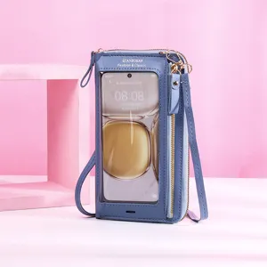 Sac de téléphone tactile bleu multifonctionnel avec fenêtre claire et bandoulière.