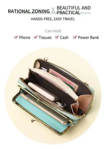 Innenansicht der mintgrünen Umhängetasche mit Fächern für Handy, Bargeld und Powerbank