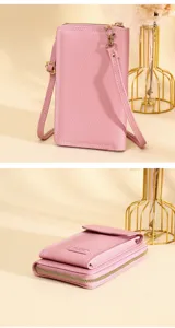 Gedetailleerde weergaven van een roze crossbody telefoontasje met gouden hardware