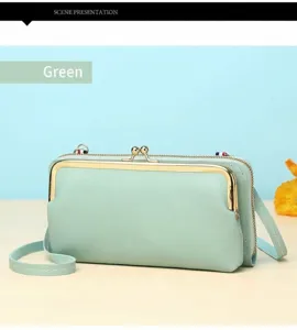 Hellgrüne minimalistische Umhängetasche für Handys mit goldenem Kussverschluss und Zip