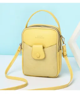 Stylish yellow stone pattern mini crossbody phone bag with handle and double zippers