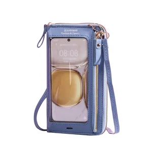 Pochette de téléphone à bandoulière bleue avec fenêtre tactile et portefeuille zippé