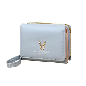 Élégant petit portefeuille bleu clair pour femme avec cerf doré et fermeture éclair