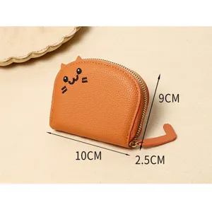 Cute orange cartoon cat shaped coin purse for women, compact leather wallet 10x9x2.5cm