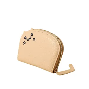 Cute beige cartoon cat wallet for women with embroidered face and cat tail zipper