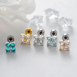 Clou de Cartilage en Cuivre Strass Fleur de Luxe Mode Niche Éclat d'Étoile Double Vis Bijoux de Piercing pour Hommes Femmes