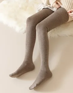 Cashmere over-the-knee stockings for women, warm winter thigh-high knitted long socks brown.