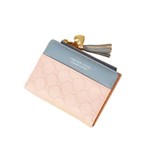 Korean style color-block short wallet for women with heart tassel and zipper