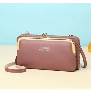 Vintage Damen Umhängetasche für Handys mit Klickverschluss und Reißverschluss in Dunkelrosa Leder